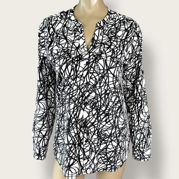 Calvin Klein Long Roll Tab Sleeve Button Up Chiffon Top Blouse Size M Printed - Picture 1 of 14